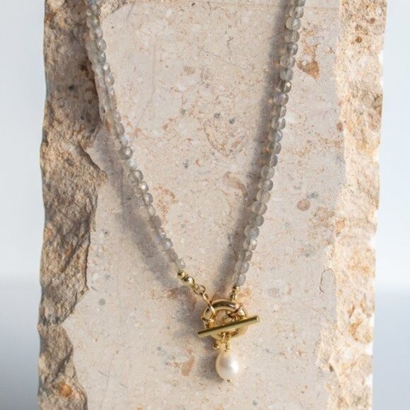 Labradorite Gemstone Necklace Gold Toggle Clasp Removable Pearl Healing jewelry - Picture 4 of 14